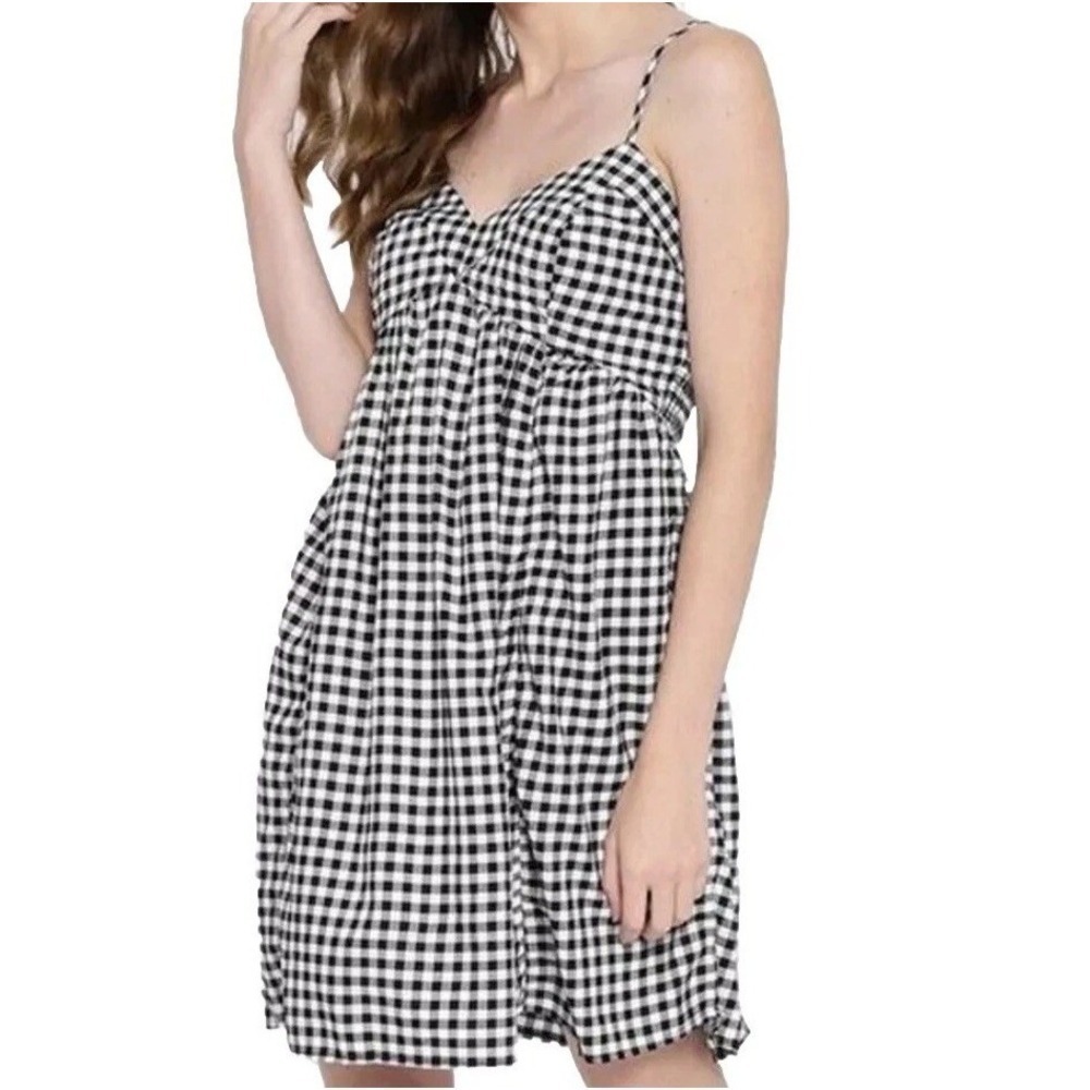 OVS Black White‎ Gingham Mini Dress Womens Medium Smocked Back Strappy Cottage